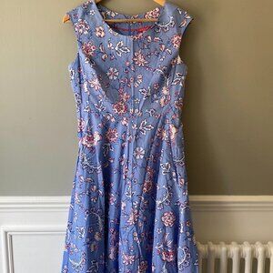 Joules A-Line Summer Dress Blue Pink Floral Pattern Sleeveless Midi Knee